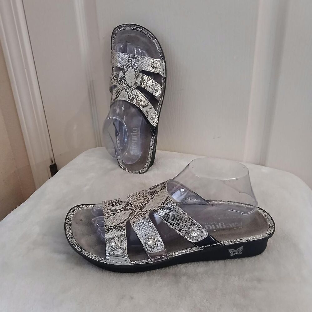 Alegria Silver Snake Reptile Print Rhinestone Comfort Sandals Slides 40 Mcbling